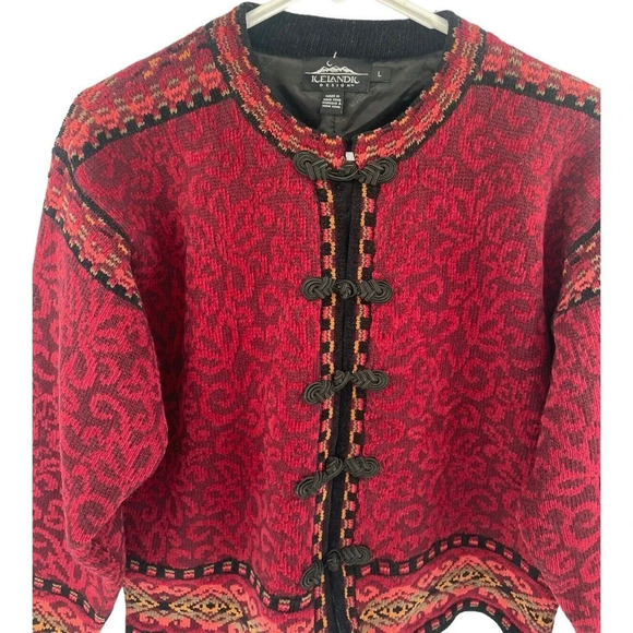 Icelandic Designs Sweater Floral Women Size Large Red Wool Blend Cardigan Lined - Picture 6 of 16